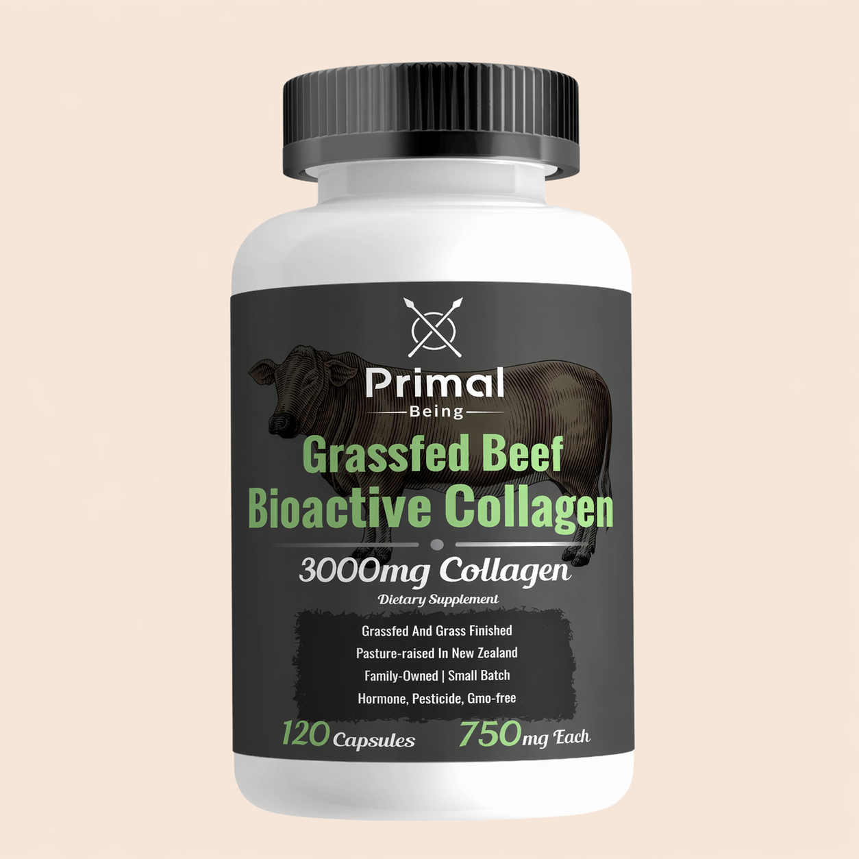 Primal Being Grassfed Beef Cartilage Collagen (Type I-V & XI)- Supports Hair, Skin, Nails - 120 Capsules, 3000mg per serving