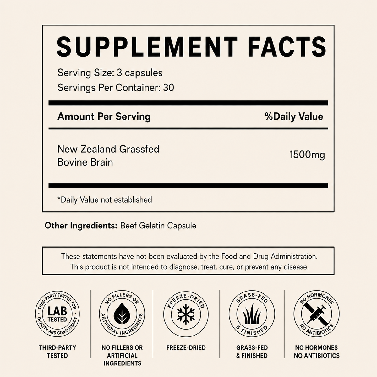 Grassfed Beef Brain Supplement Facts with serving size and ingredients