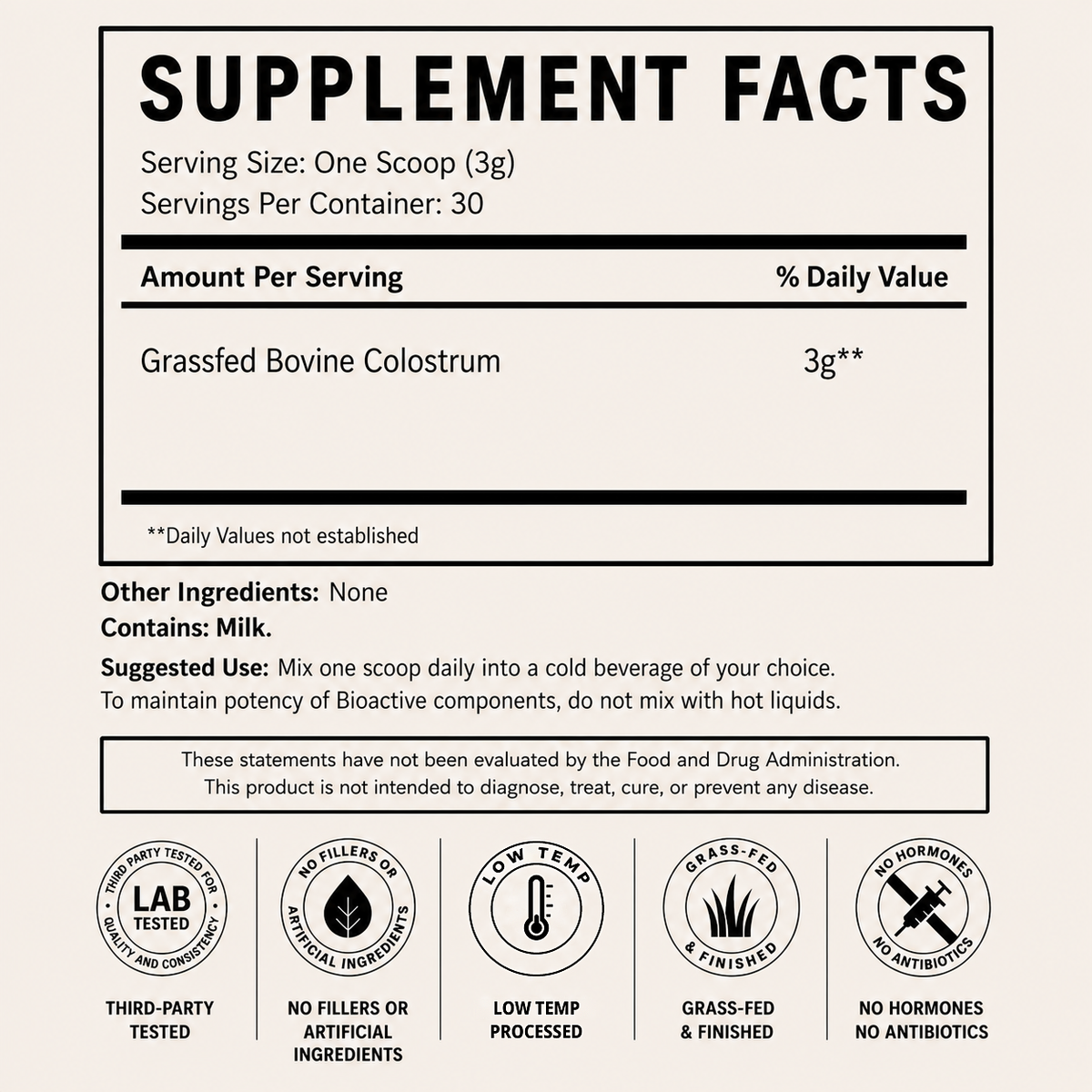 Grassfed Bovine Colostrum Supplement Facts with serving size and ingredients