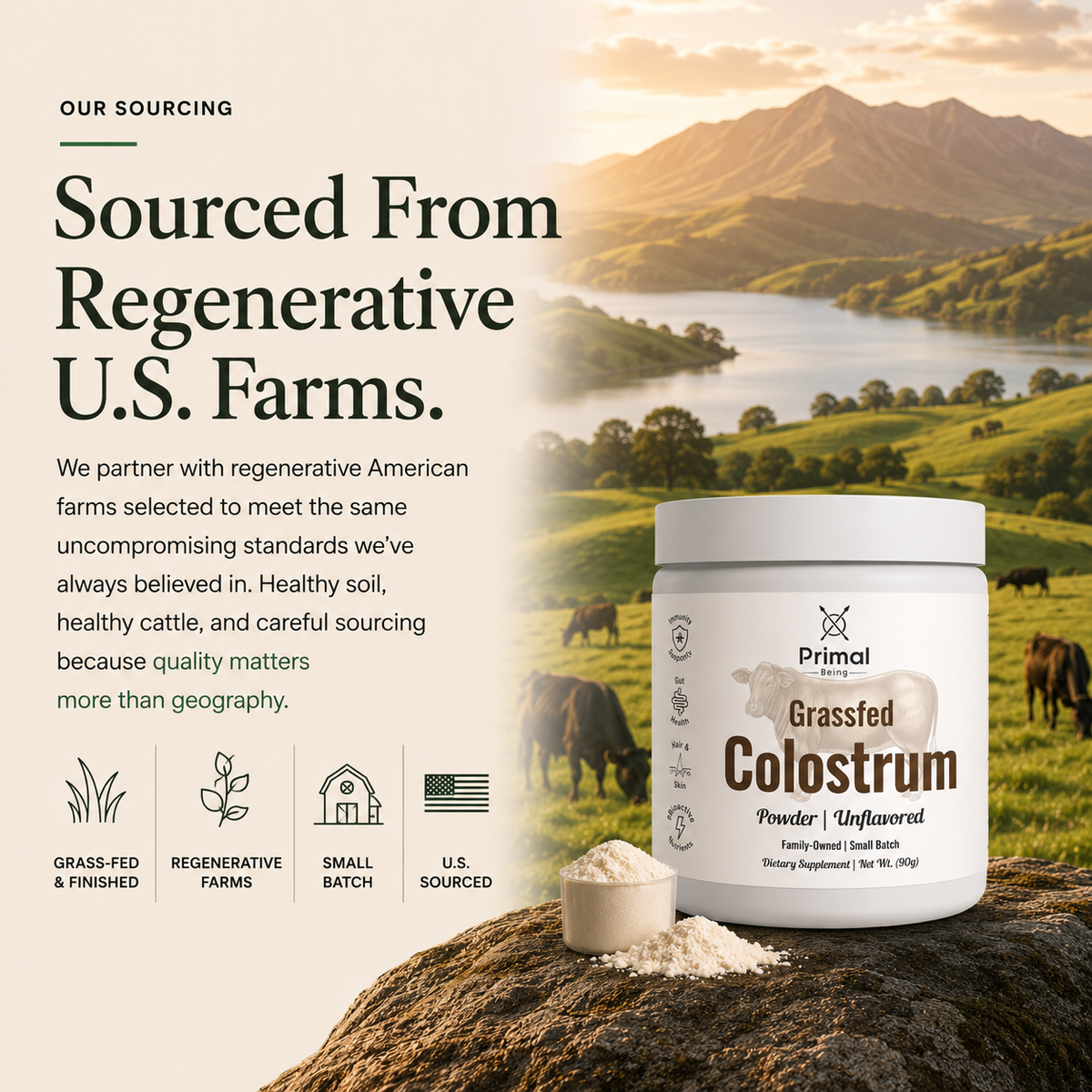 Grassfed Bovine Colostrum, sourced from regenerative U.S. farms
