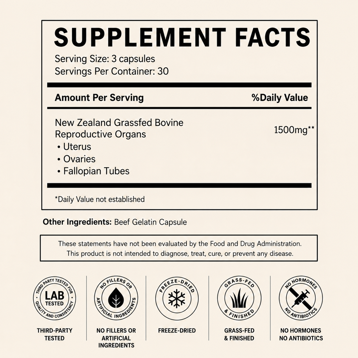 Grassfed Beef Female Vitality Supplement Facts with serving size and ingredients