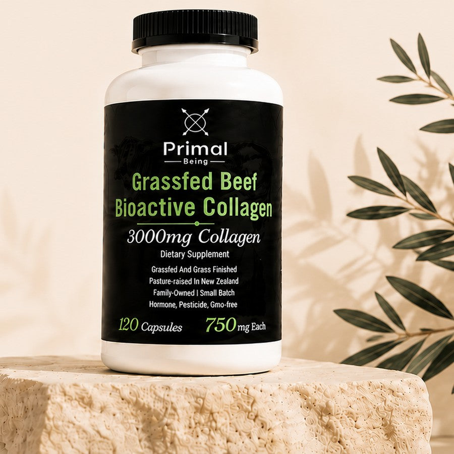 Primal Being Grassfed Beef Bioactive Collagen bottle, 120 capsules, on a stone plinth