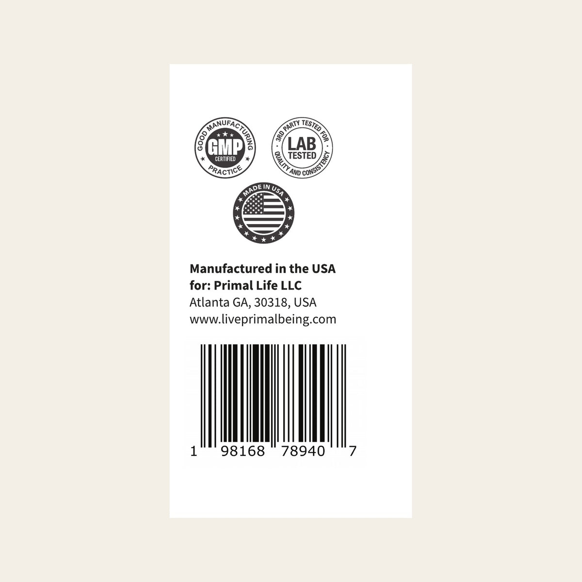 Primal Being Grassfed Colostrum label back panel: GMP certified, third party lab tested, made in USA, Primal Life LLC Atlanta GA 30318