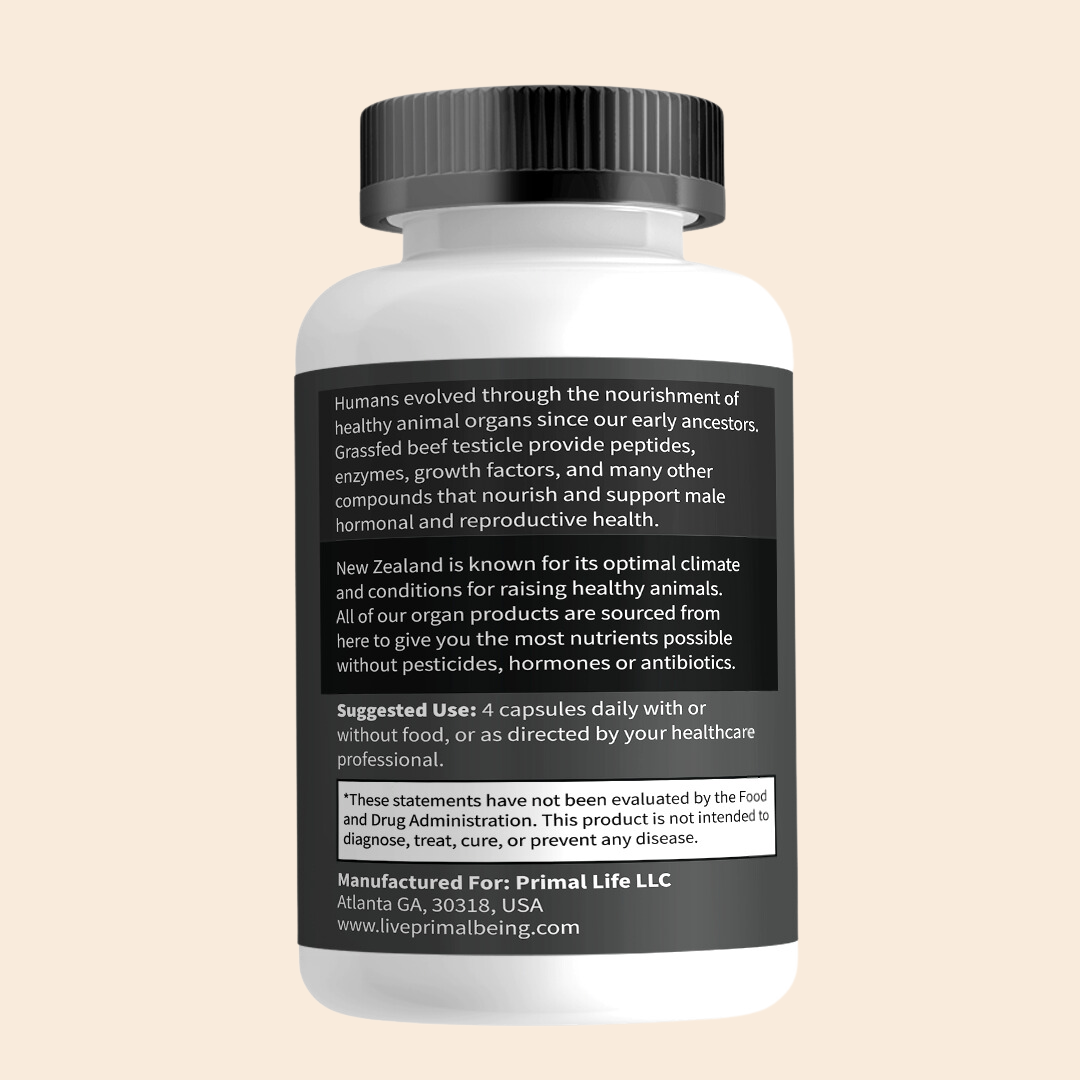 Primal Being Grassfed Beef Testes, Supports Vitality, Libido, Hormonal Health, Male Reproduction - 120 Capsules, 2000mg per serving