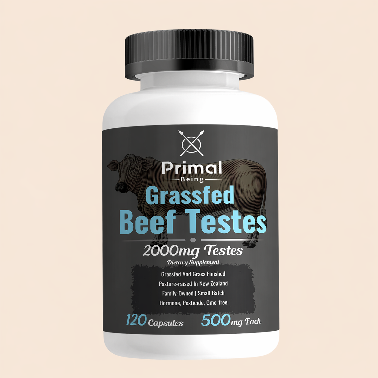 Primal Being Grassfed Beef Testes — Freeze-Dried Whole Organ, 120 Capsules, 2000mg Per Serving