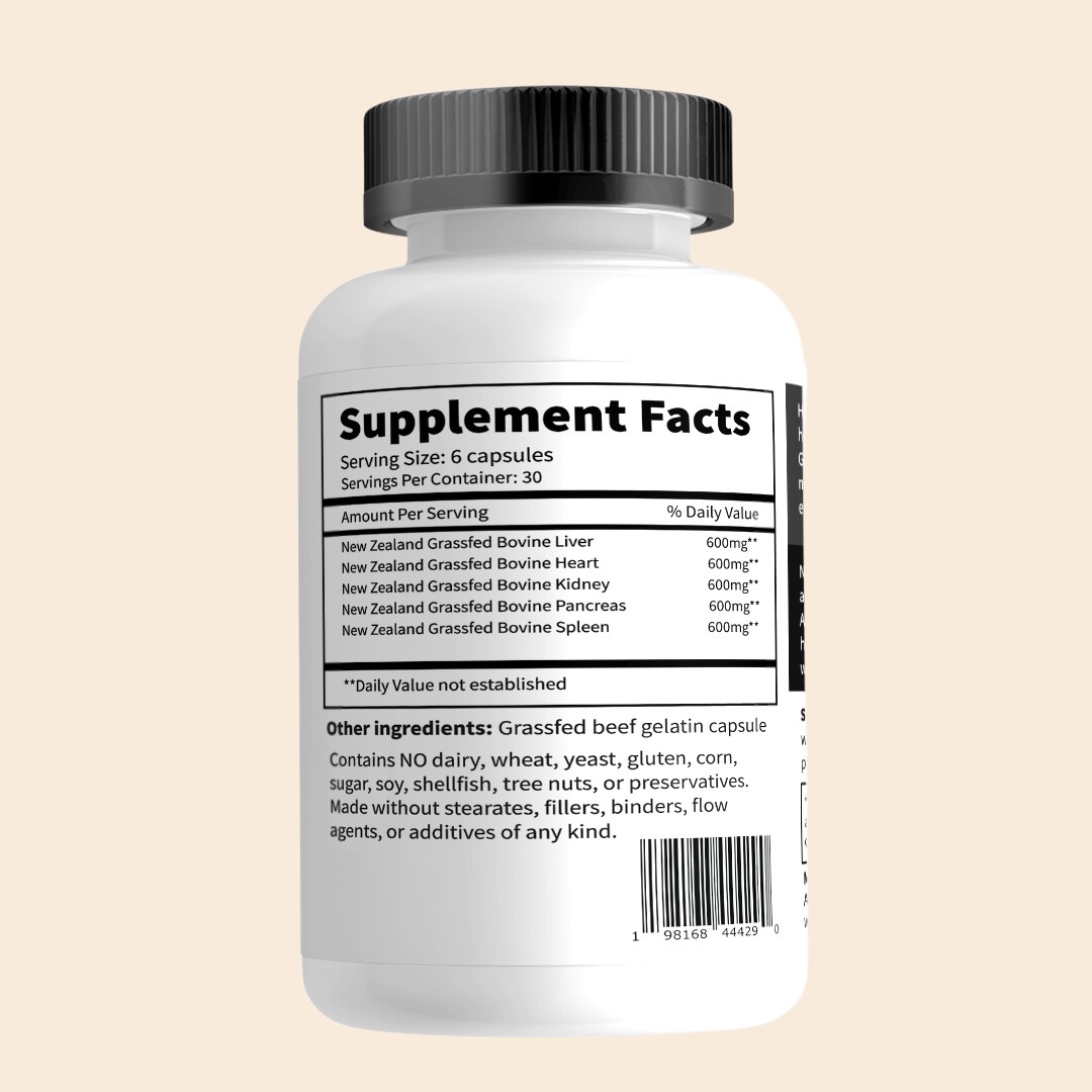 Grassfed Beef Organ Complex - Liver, Heart, Pancreas, Spleen, & Kidney- Supports Overall Health & Performance - 180 capsules, 3000mg per Serving