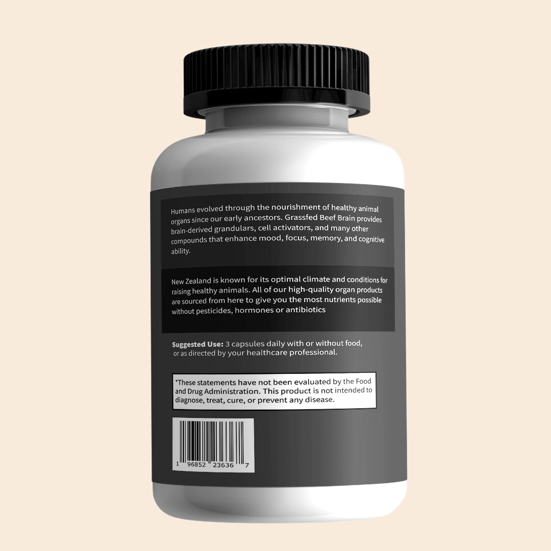Back of the Beef Brain bottle with suggested use: 3 capsules daily, with or without food