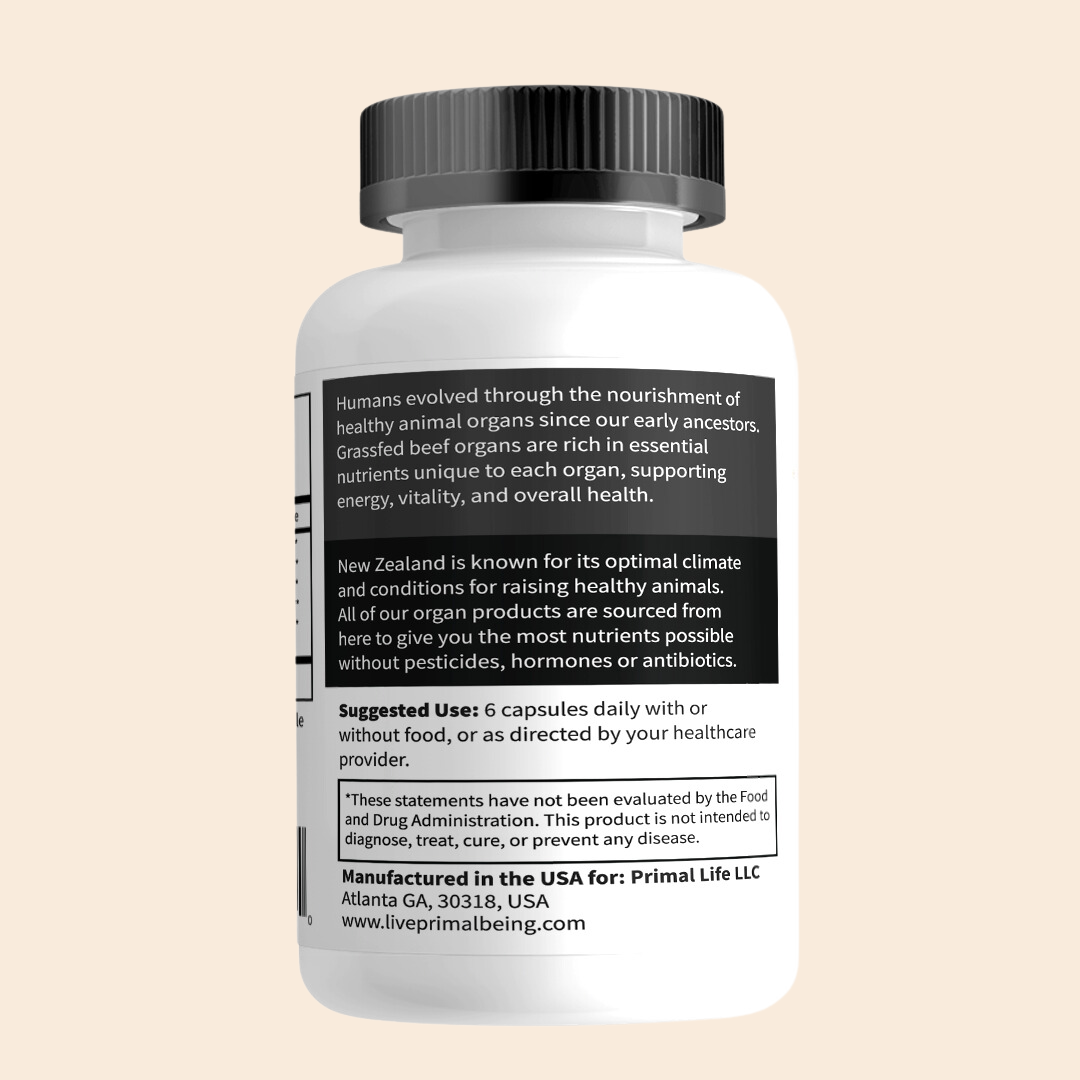 Grassfed Beef Organ Complex - Liver, Heart, Pancreas, Spleen, & Kidney- Supports Overall Health & Performance - 180 capsules, 3000mg per Serving