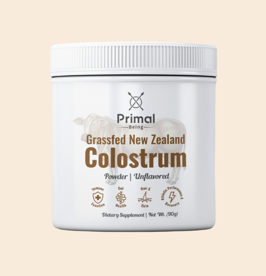Container of unflavored grassfed New Zealand colostrum dietary supplement powder.
