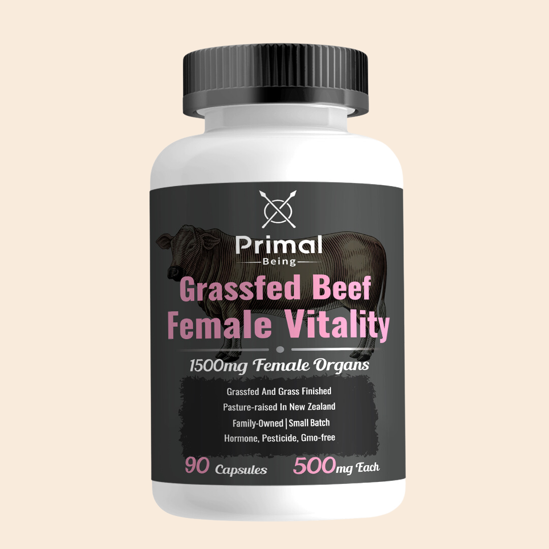 Primal Being Grassfed Beef Female Vitality Supplement- Supports Hormonal Health, Fertility, Inflammation, Energy - 90 Capsules, 1500mg per Serving