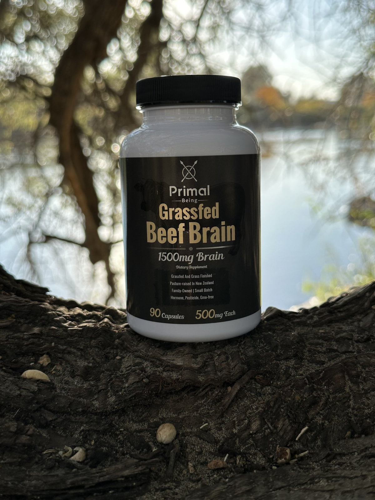 Primal Being Grass Fed Beef Brain bottle resting on a tree by a lake