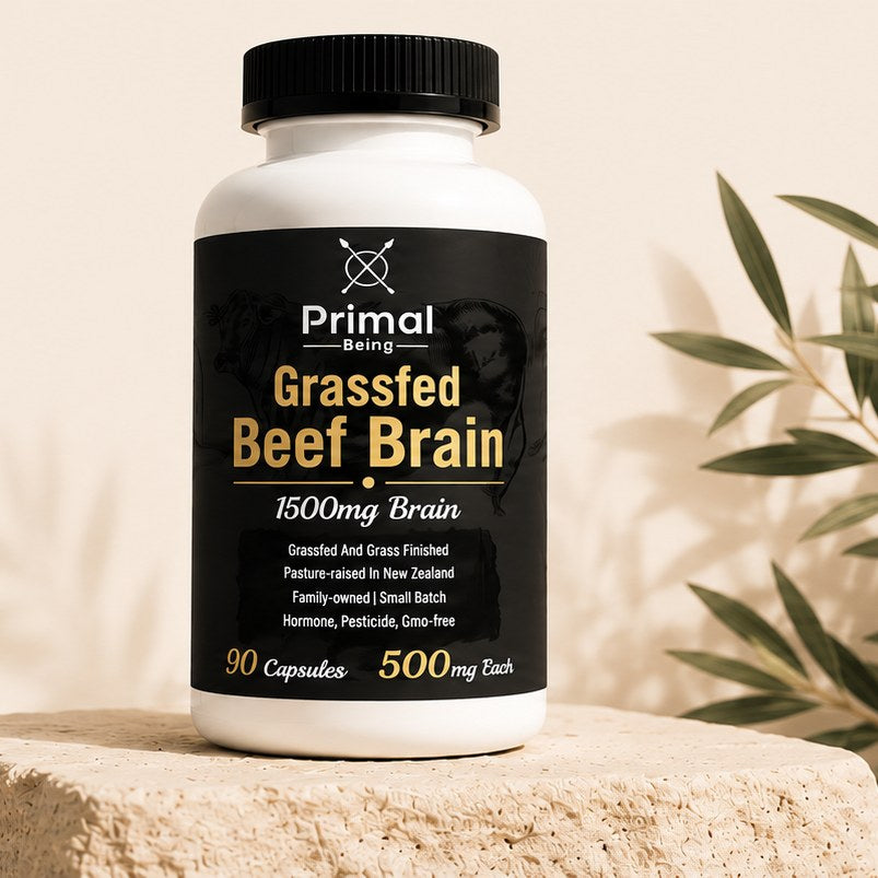 Primal Being Grassfed Beef Brain bottle on a stone pedestal with leaves