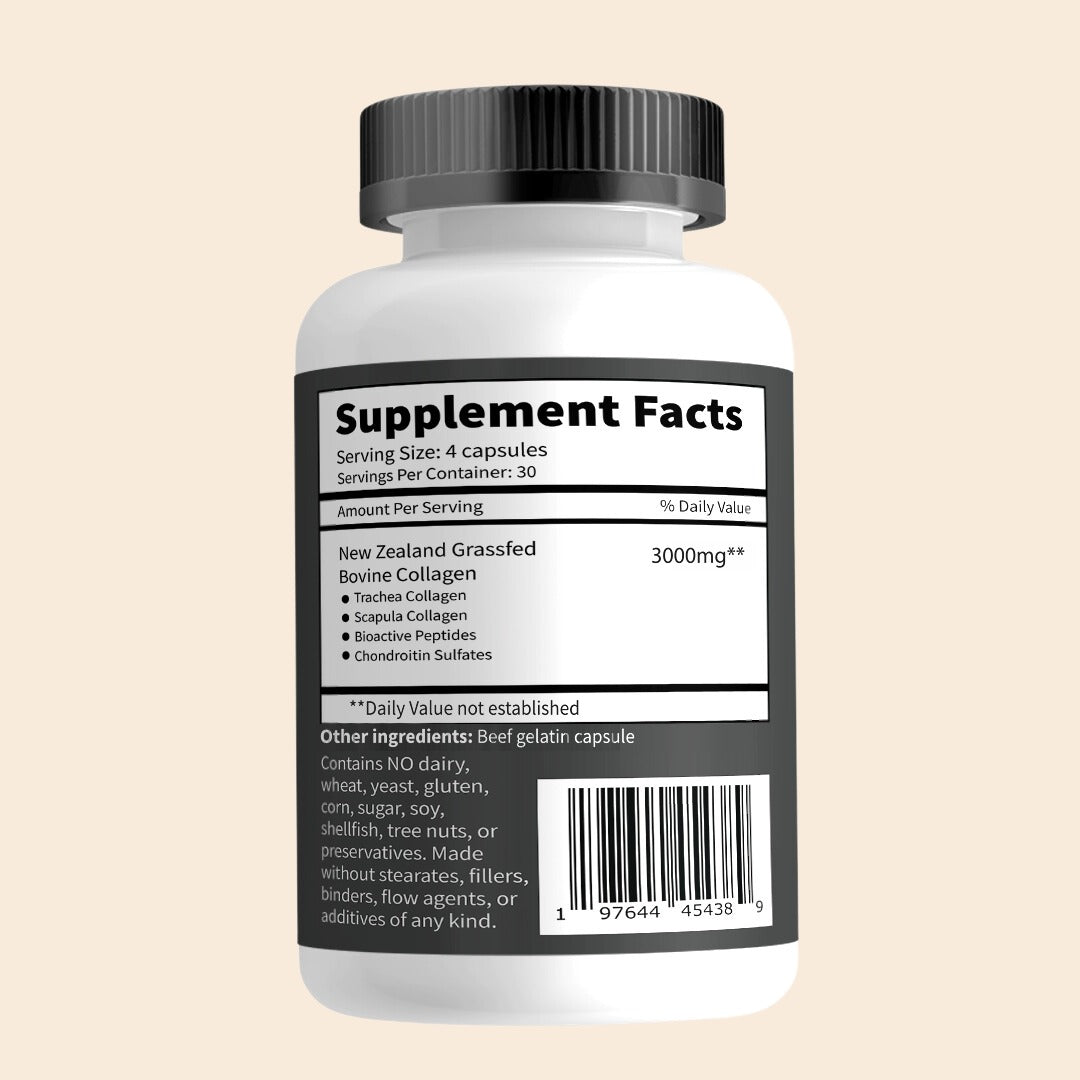 Back of the Primal Being Grassfed Beef Bioactive Collagen bottle: supplement facts, 4 capsules per serving, 3000mg New Zealand grass fed bovine collagen