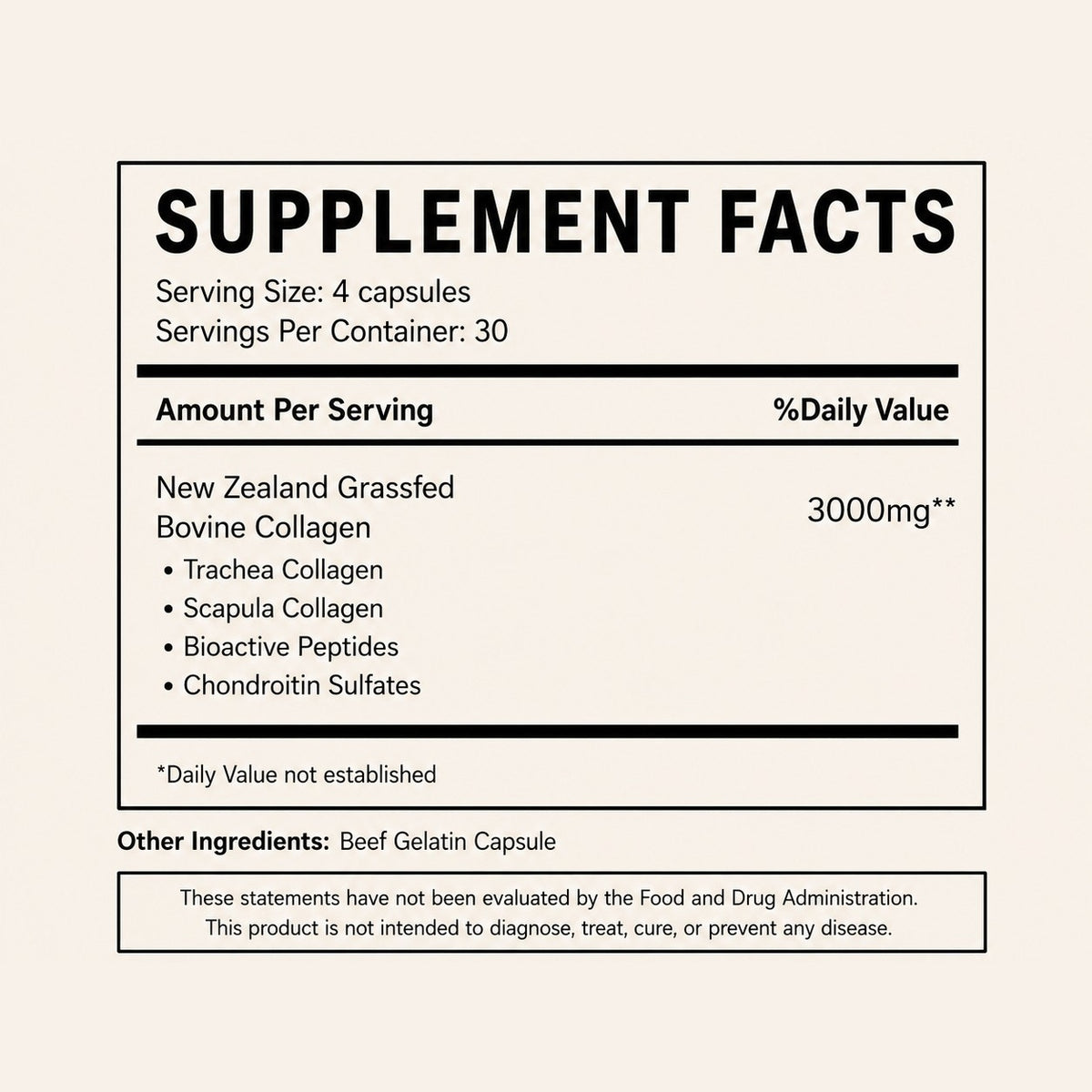 Supplement facts: 4 capsules per serving, 3000mg New Zealand grass fed bovine collagen from trachea and scapula, beef gelatin capsule