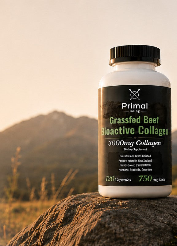 Grassfed Beef Bioactive Collagen bottle on a rock at sunset with mountains behind