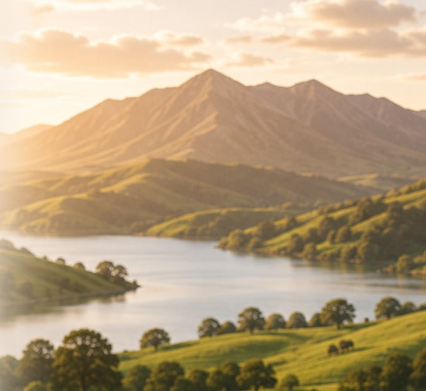 Green pasture hills and a lake at sunrise