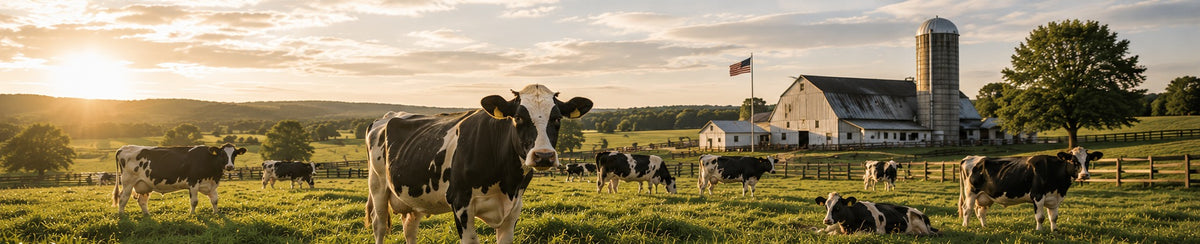 Cattle grazing on a U.S. family dairy farm with a red barn