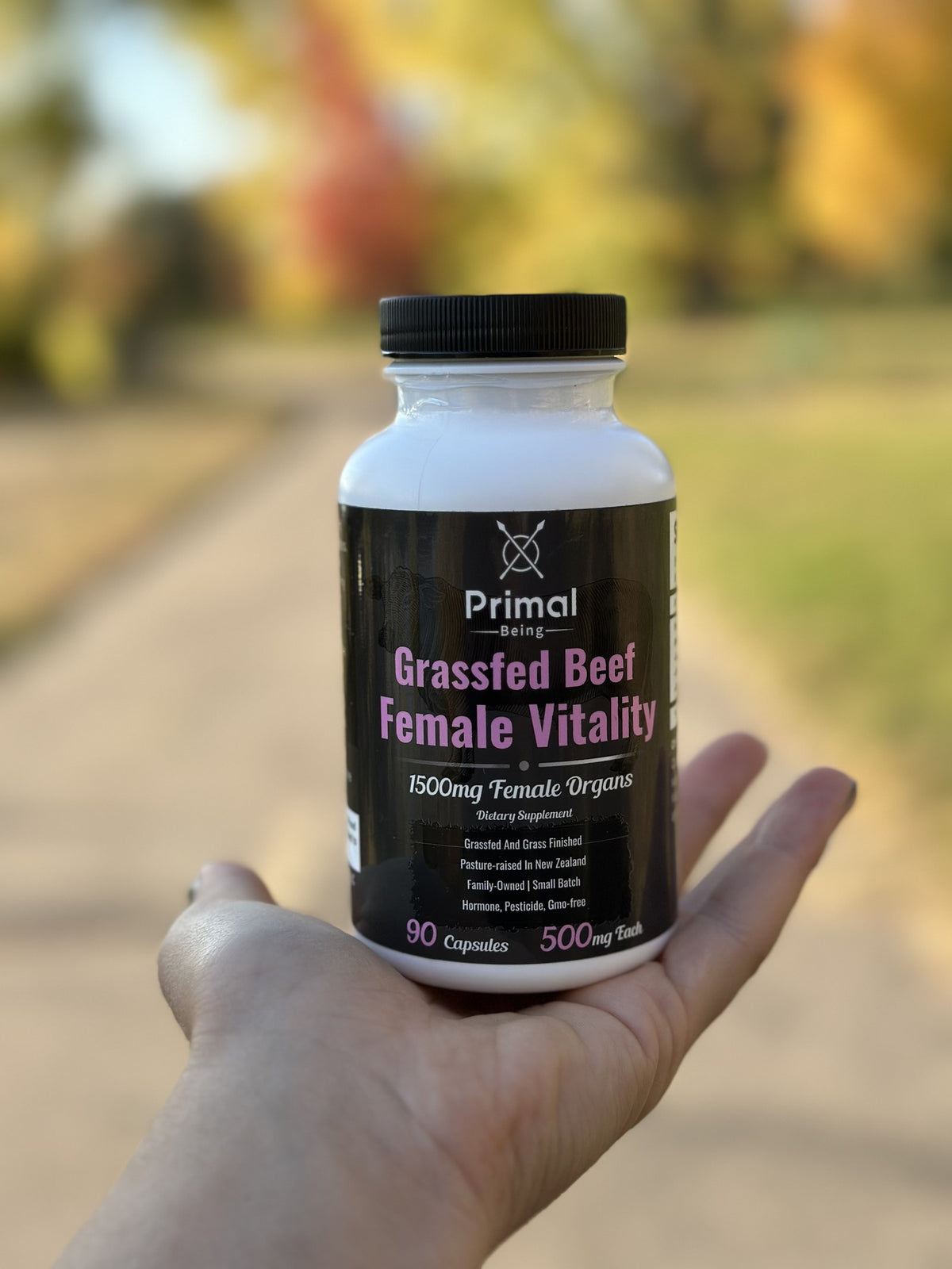 Hand holding a bottle of Primal Being Grassfed Beef Female Vitality on an autumn path