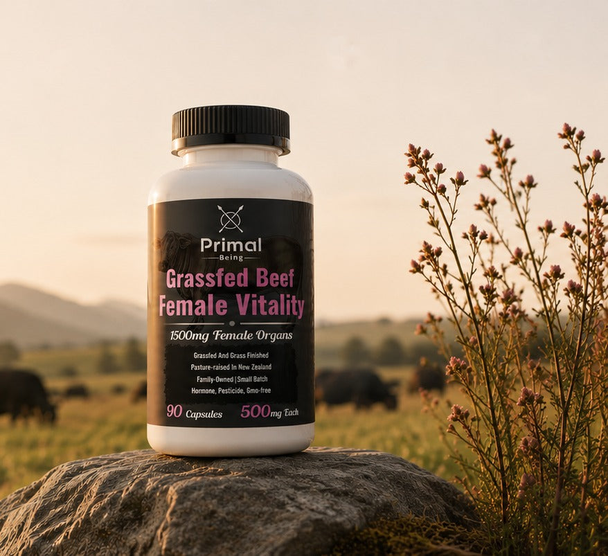 Primal Being Female Vitality bottle on a rock above a pasture with grazing cattle