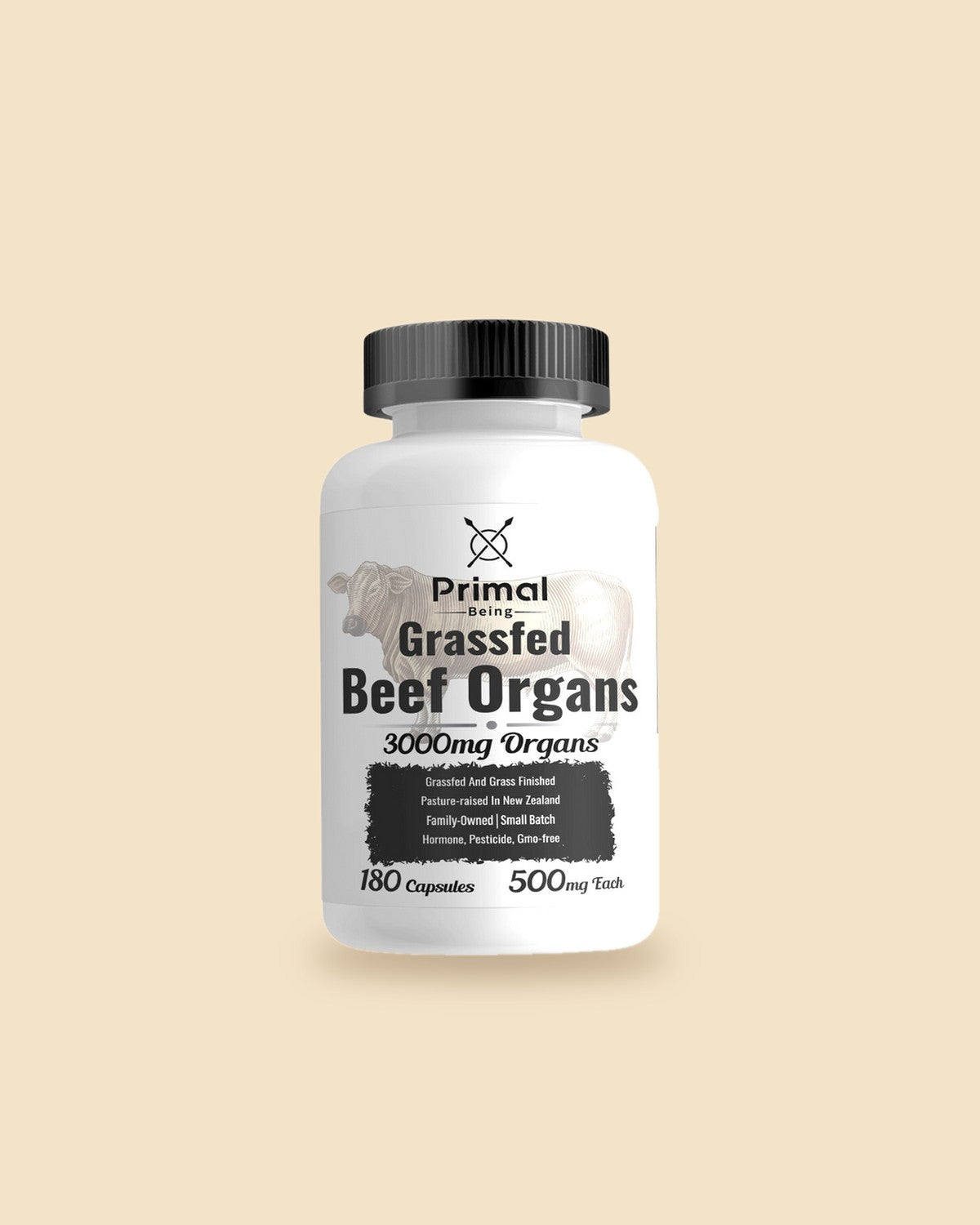 Primal Being Beef Organ Complex bottle on warm sand