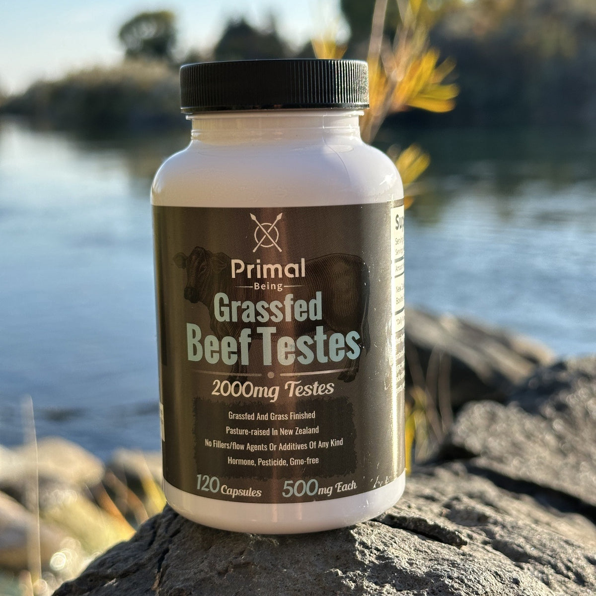 Primal Being Grass Fed Beef Testes bottle on a rock by a river in morning sun