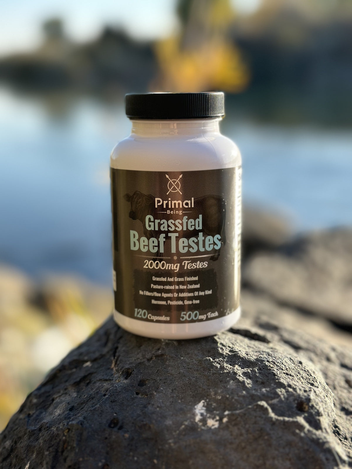 Primal Being Grass Fed Beef Testes bottle on a rock with a river behind it